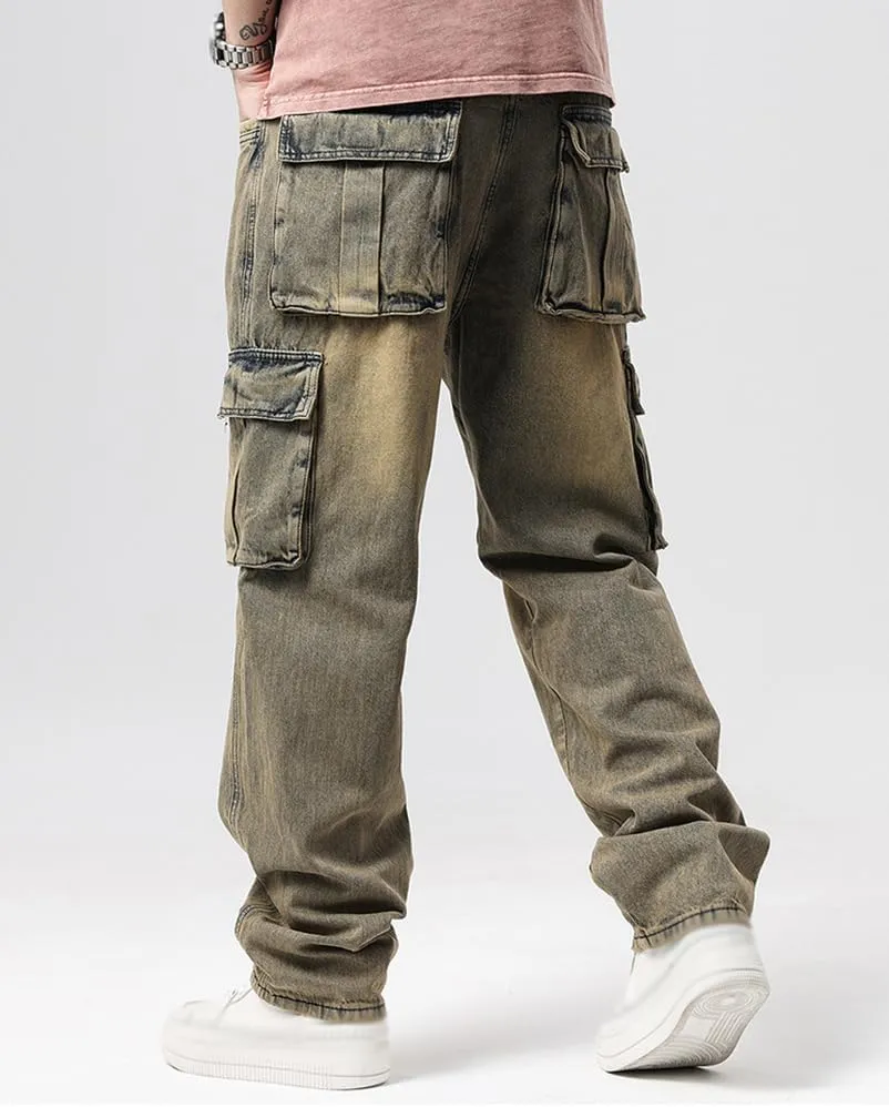 XYGJZ Mens Hip Hop Baggy Jeans Relaxed Fit Skater Cargo Denim Pants Multi-Pockets Motorcycle Pants