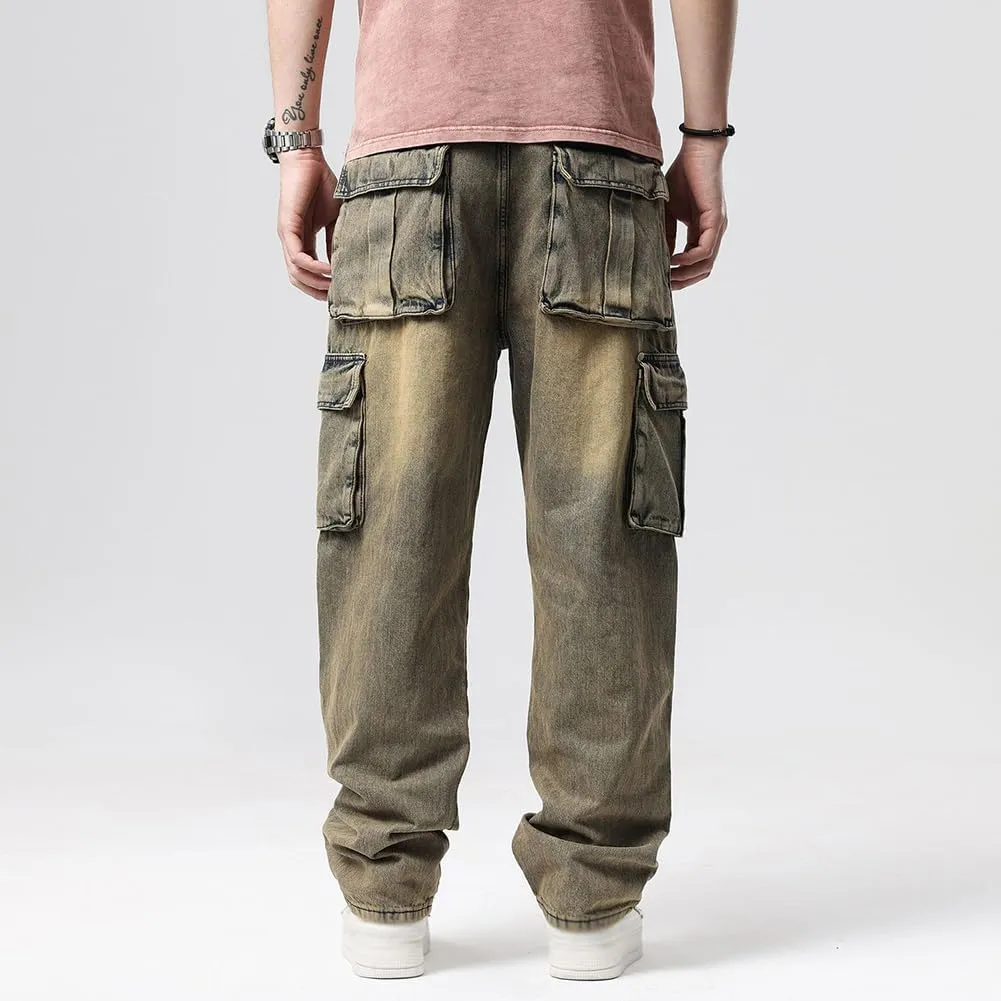 XYGJZ Mens Hip Hop Baggy Jeans Relaxed Fit Skater Cargo Denim Pants Multi-Pockets Motorcycle Pants