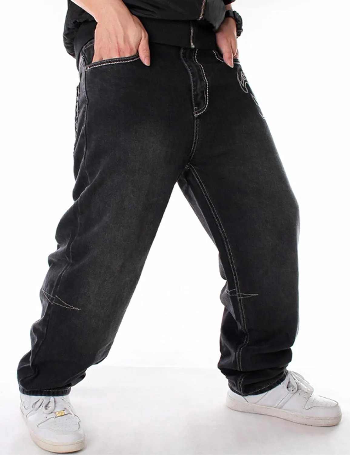 Y2k Skateboard Pants Hip Hop Embroidered Jeans Men Baggy Denim Jeans Vintage Graphic Relaxed Loose Fit Cargo Black Trousers