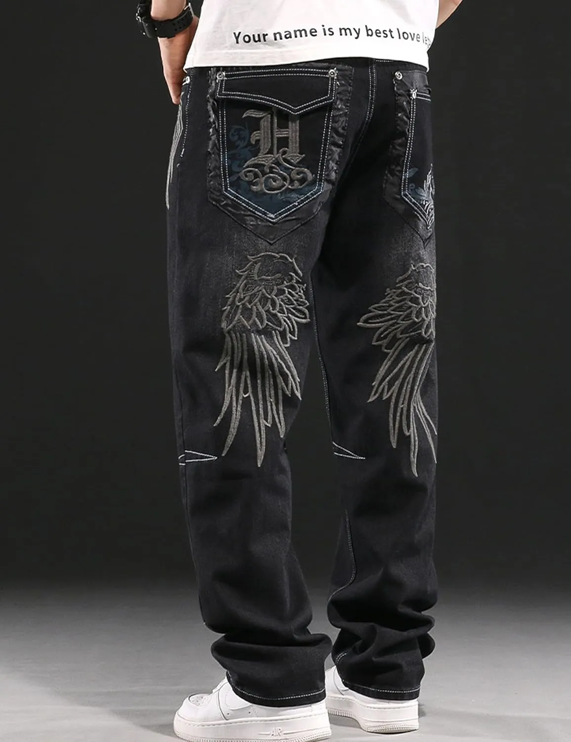Y2k Skateboard Pants Hip Hop Embroidered Jeans Men Baggy Denim Jeans Vintage Graphic Relaxed Loose Fit Cargo Black Trousers