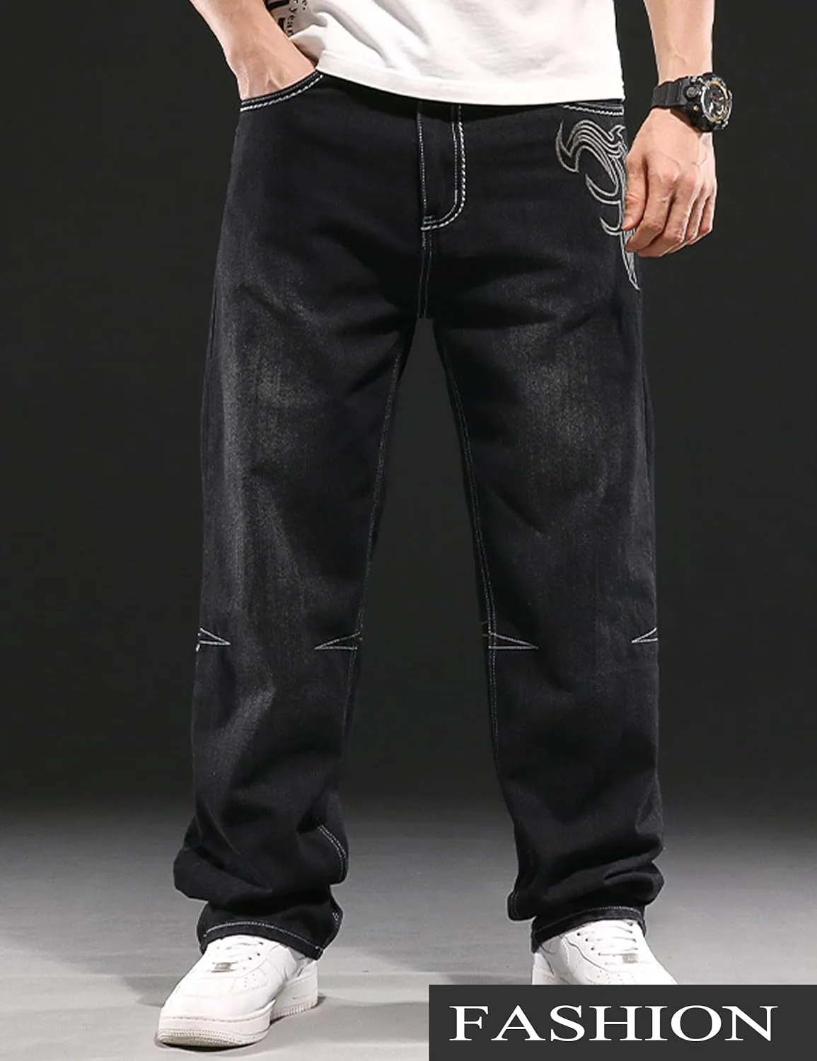 Y2k Skateboard Pants Hip Hop Embroidered Jeans Men Baggy Denim Jeans Vintage Graphic Relaxed Loose Fit Cargo Black Trousers