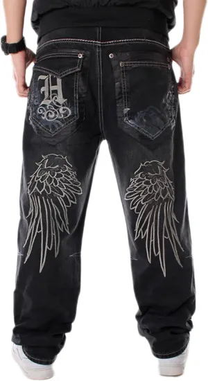 Y2k Skateboard Pants Hip Hop Embroidered Jeans Men Baggy Denim Jeans Vintage Graphic Relaxed Loose Fit Cargo Black Trousers