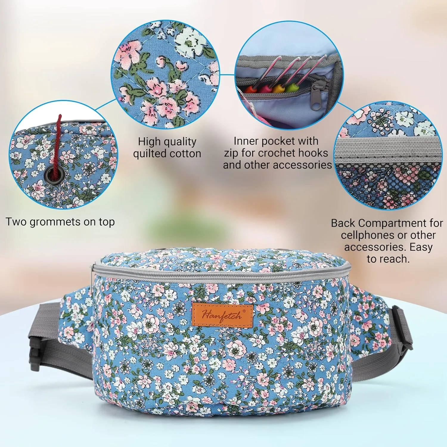 Yarn Crossbody Waist bag Small Yarn Storage Organizer for Yarn Skeins-Organizer for Crochet Hooks and Other Accessories (Flower-Blue)