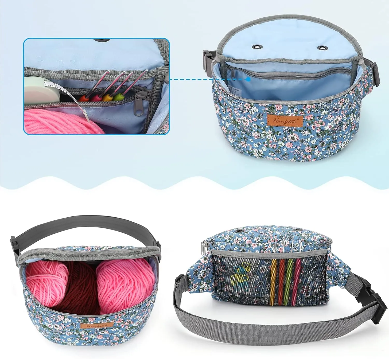 Yarn Crossbody Waist bag Small Yarn Storage Organizer for Yarn Skeins-Organizer for Crochet Hooks and Other Accessories (Flower-Blue)