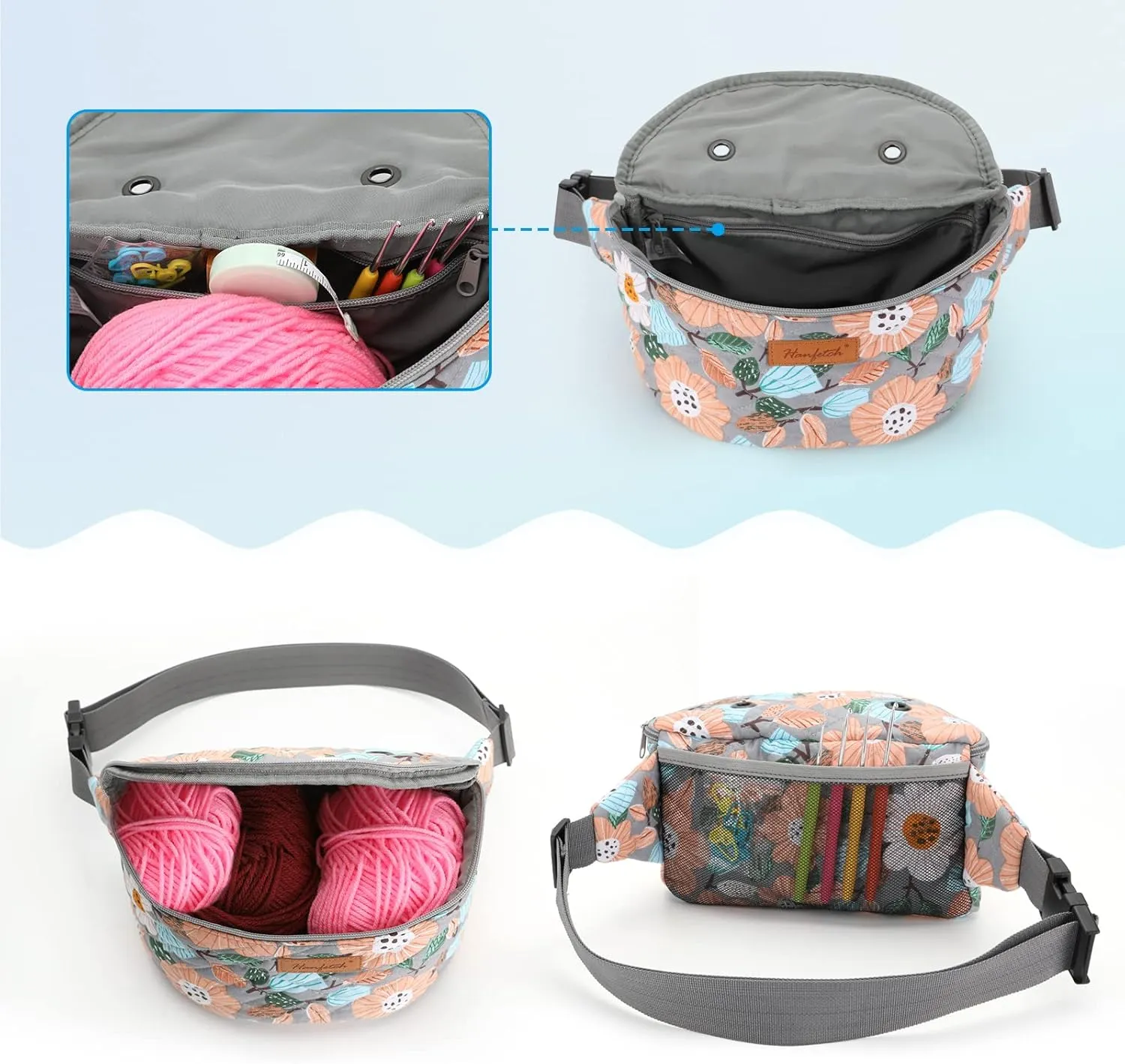 Yarn Crossbody Waist bag Small Yarn Storage Organizer for Yarn Skeins-Organizer for Crochet Hooks and Other Accessories (Flower-Grey)