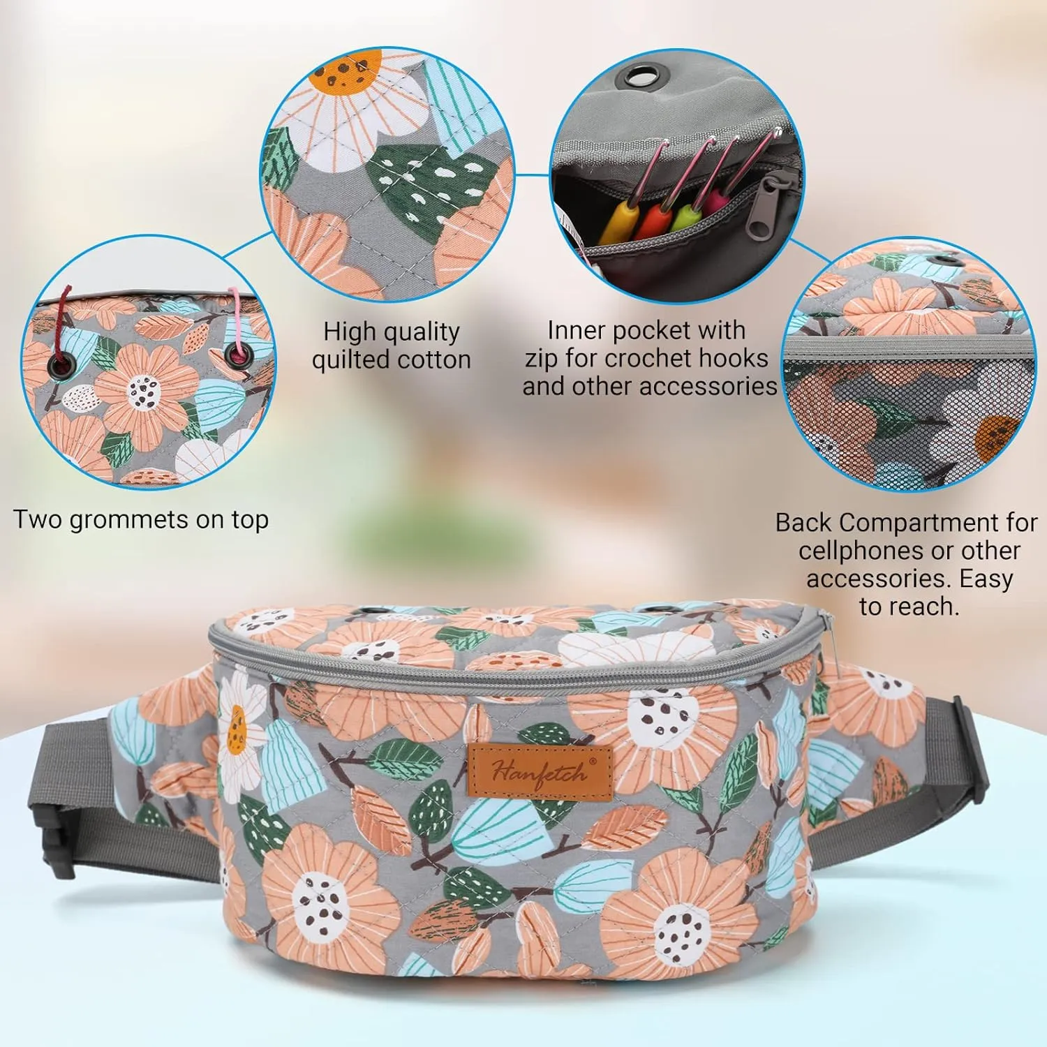 Yarn Crossbody Waist bag Small Yarn Storage Organizer for Yarn Skeins-Organizer for Crochet Hooks and Other Accessories (Flower-Grey)