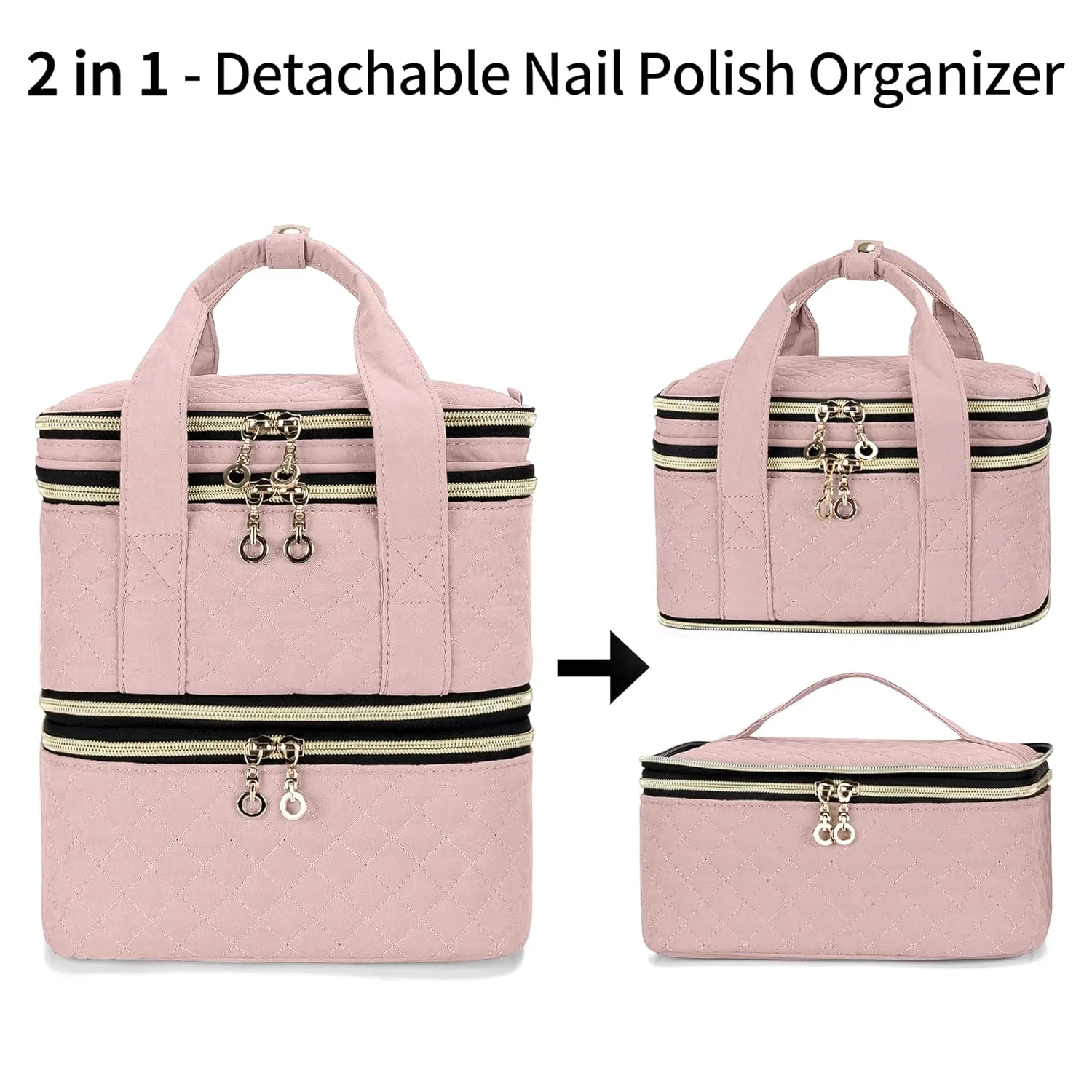 Yarwo 3 Layers Nail Polish Organizer Holds 48 Bottles (15ml/0.5 fl.oz), Detachable Nail Polish Case with Adjustable Dividers, Travel Case for Manicure Set, Dusty Rose (Bag Only, Patent Pending)