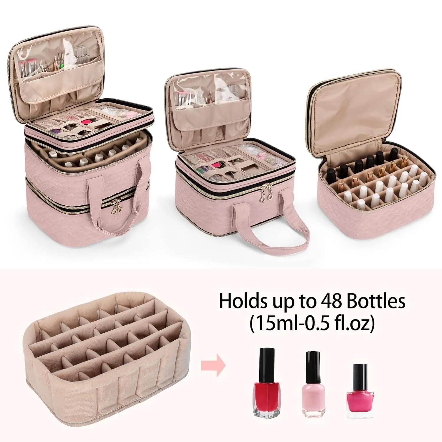 Yarwo 3 Layers Nail Polish Organizer Holds 48 Bottles (15ml/0.5 fl.oz), Detachable Nail Polish Case with Adjustable Dividers, Travel Case for Manicure Set, Dusty Rose (Bag Only, Patent Pending)
