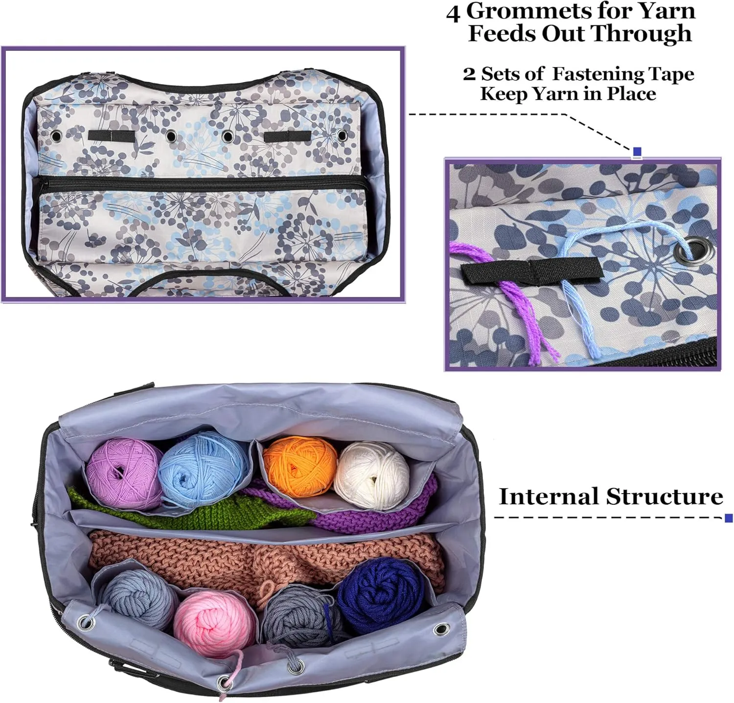 YARWO Knitting Tote Bag, Yarn Storage Organizer for Yarn Skeins, Knitting Needles, Crochet Hooks and Knitting Projects, Dandelion (Patent Pending)