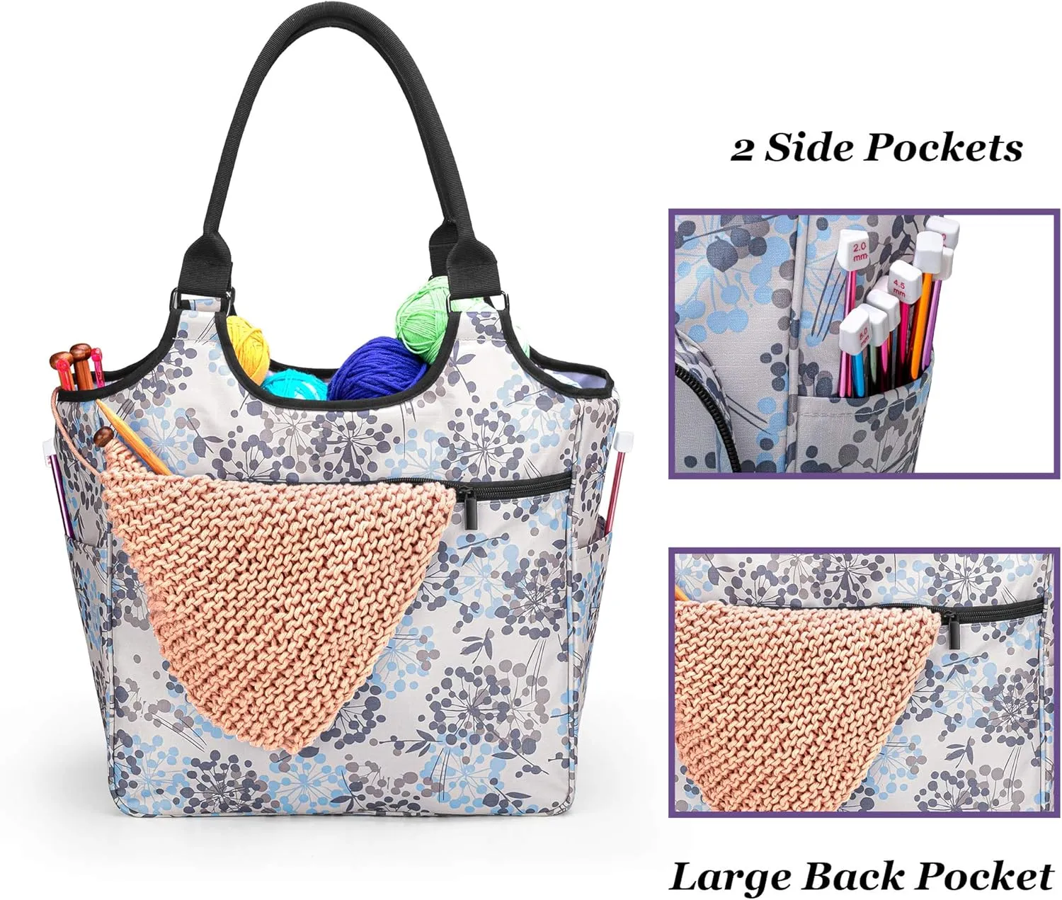 YARWO Knitting Tote Bag, Yarn Storage Organizer for Yarn Skeins, Knitting Needles, Crochet Hooks and Knitting Projects, Dandelion (Patent Pending)