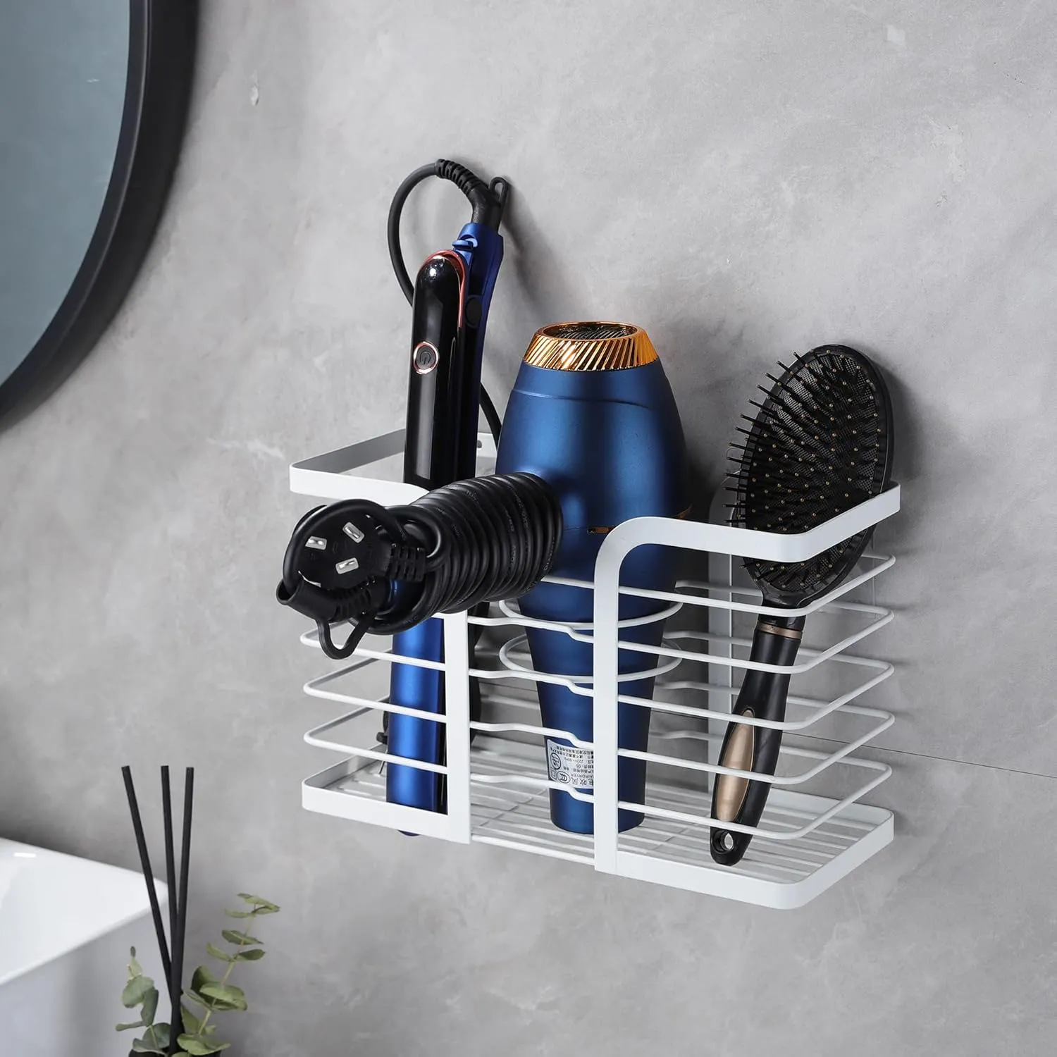 YIGII Hair Dryer Holder Adjustable Height - Hair Tool Organizer White Bathroom Organizer Hot Styling Tools Storage for Hair Dryer, Flat Iron, Curling Iron, Straightener