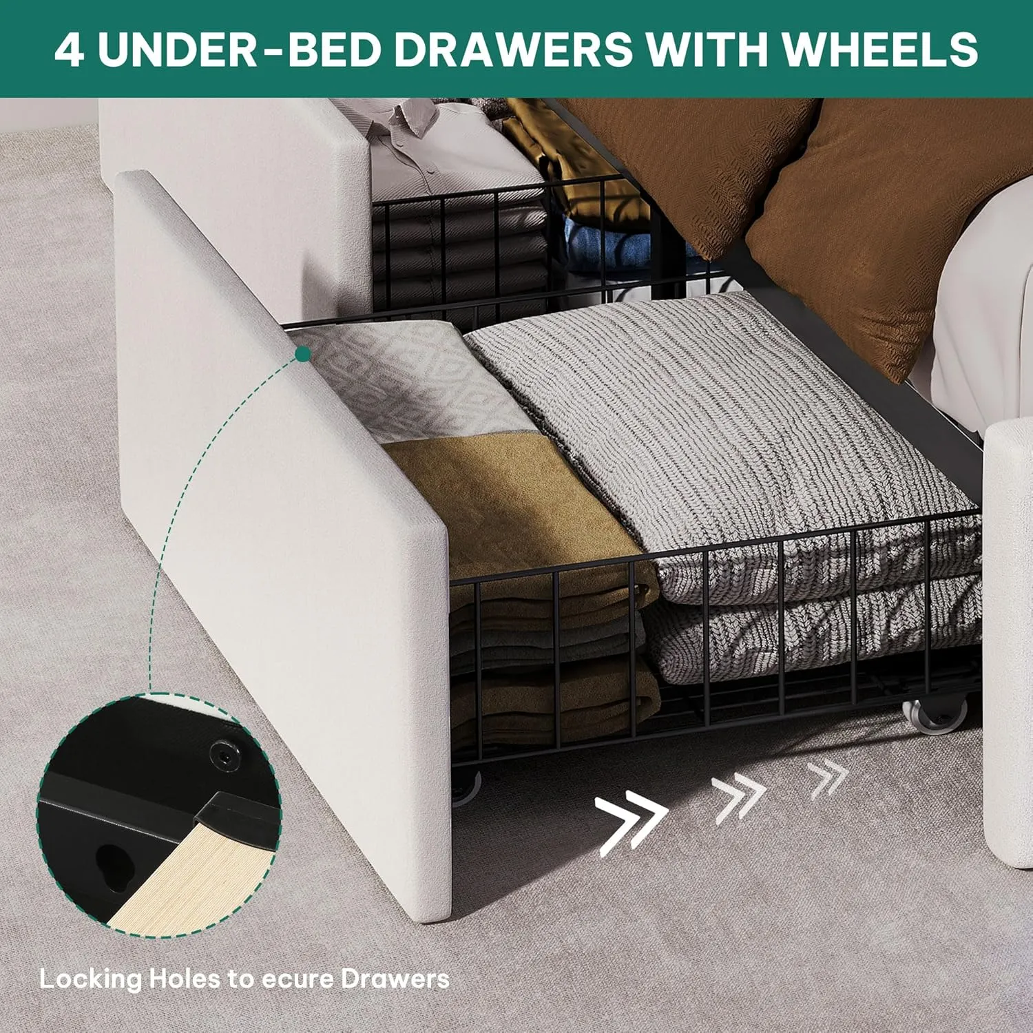 YITAHOME King Size Bed Frame with 4 Storage Drawers and RGB LED Lights, 57'' Tall Headboard Velvet Upholstered Bed with Charging Station, No Box Spring Needed, Easy Assembly, Noise-Free, White