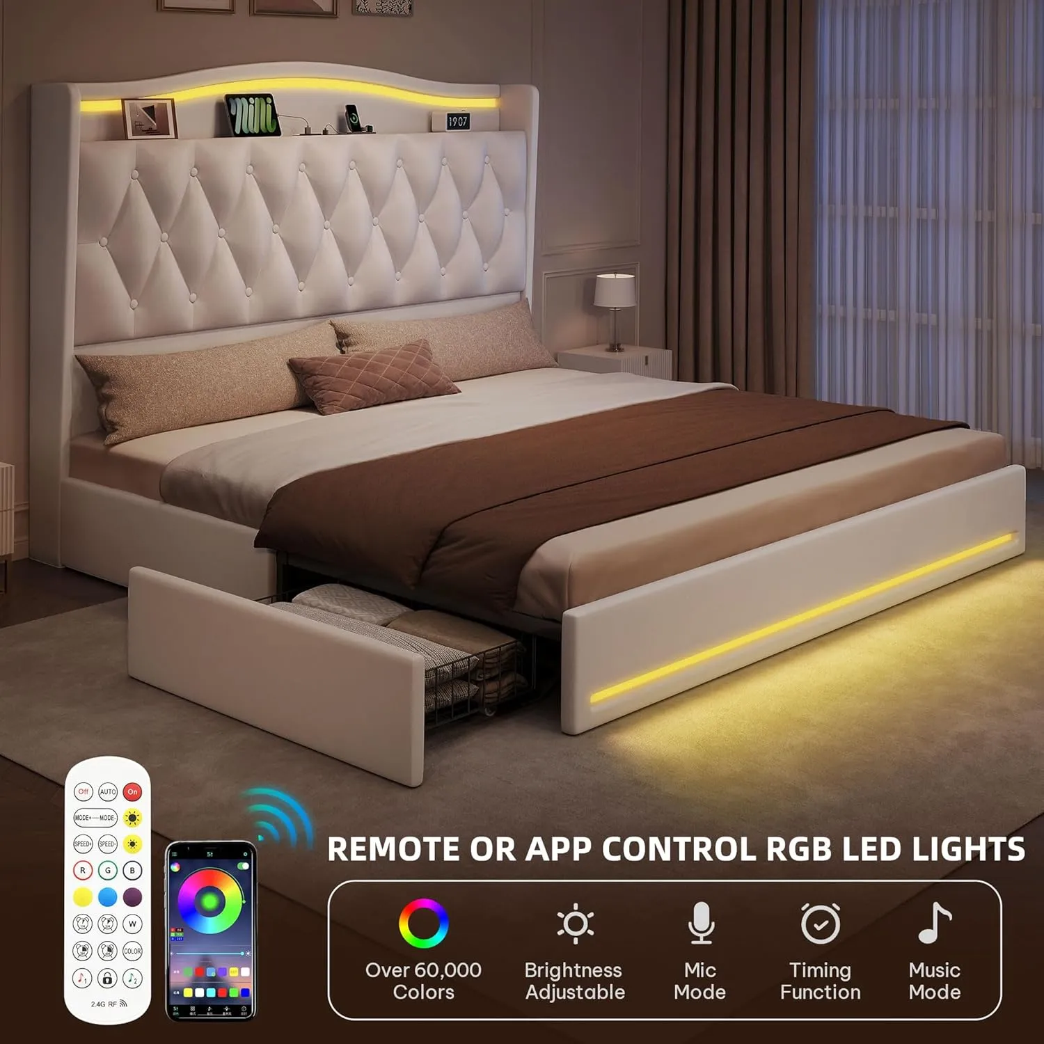 YITAHOME King Size Bed Frame with 4 Storage Drawers and RGB LED Lights, 57'' Tall Headboard Velvet Upholstered Bed with Charging Station, No Box Spring Needed, Easy Assembly, Noise-Free, White