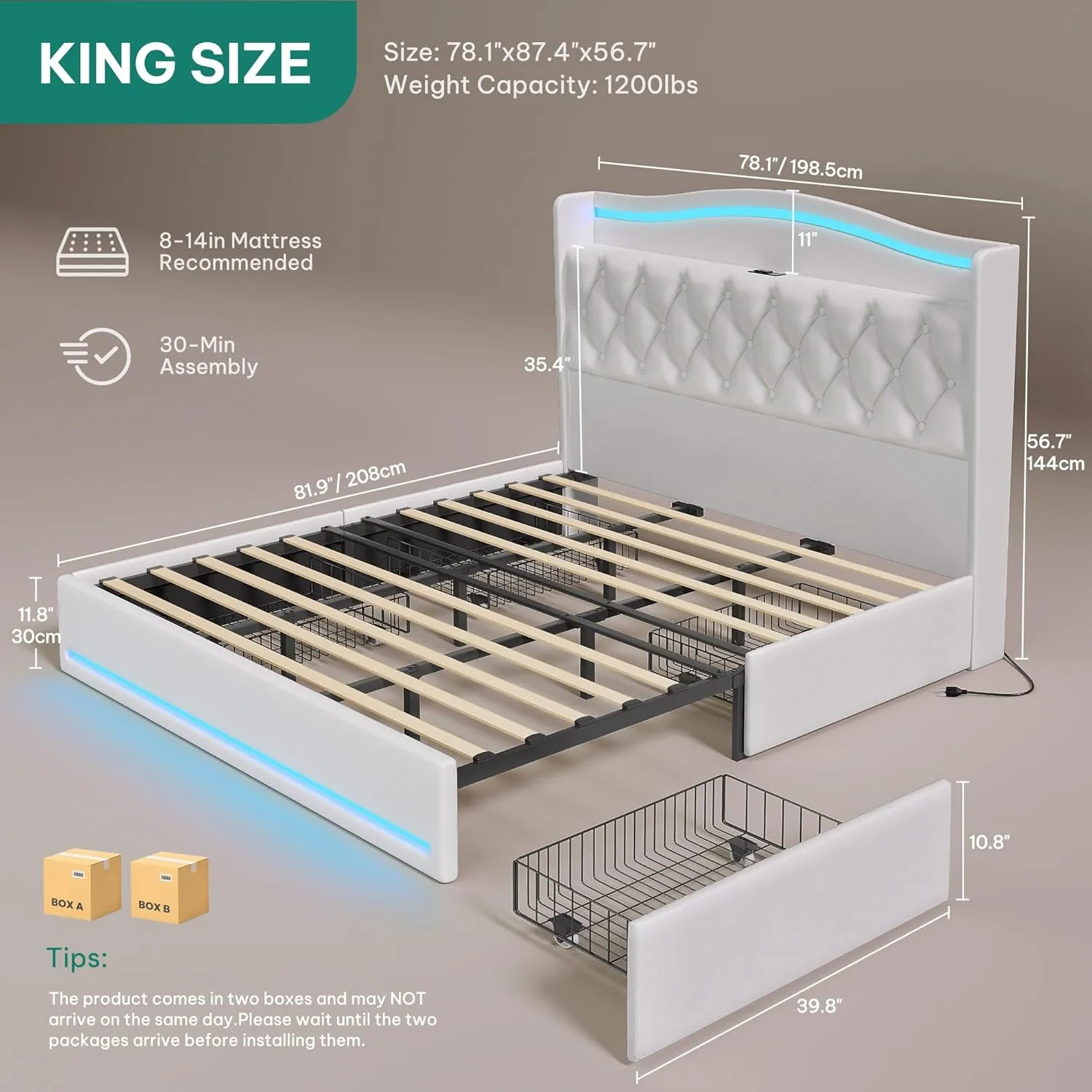 YITAHOME King Size Bed Frame with 4 Storage Drawers and RGB LED Lights, 57'' Tall Headboard Velvet Upholstered Bed with Charging Station, No Box Spring Needed, Easy Assembly, Noise-Free, White