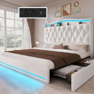 YITAHOME King Size Bed Frame with 4 Storage Drawers and RGB LED Lights, 57'' Tall Headboard Velvet Upholstered Bed with Charging Station, No Box Spring Needed, Easy Assembly, Noise-Free, White