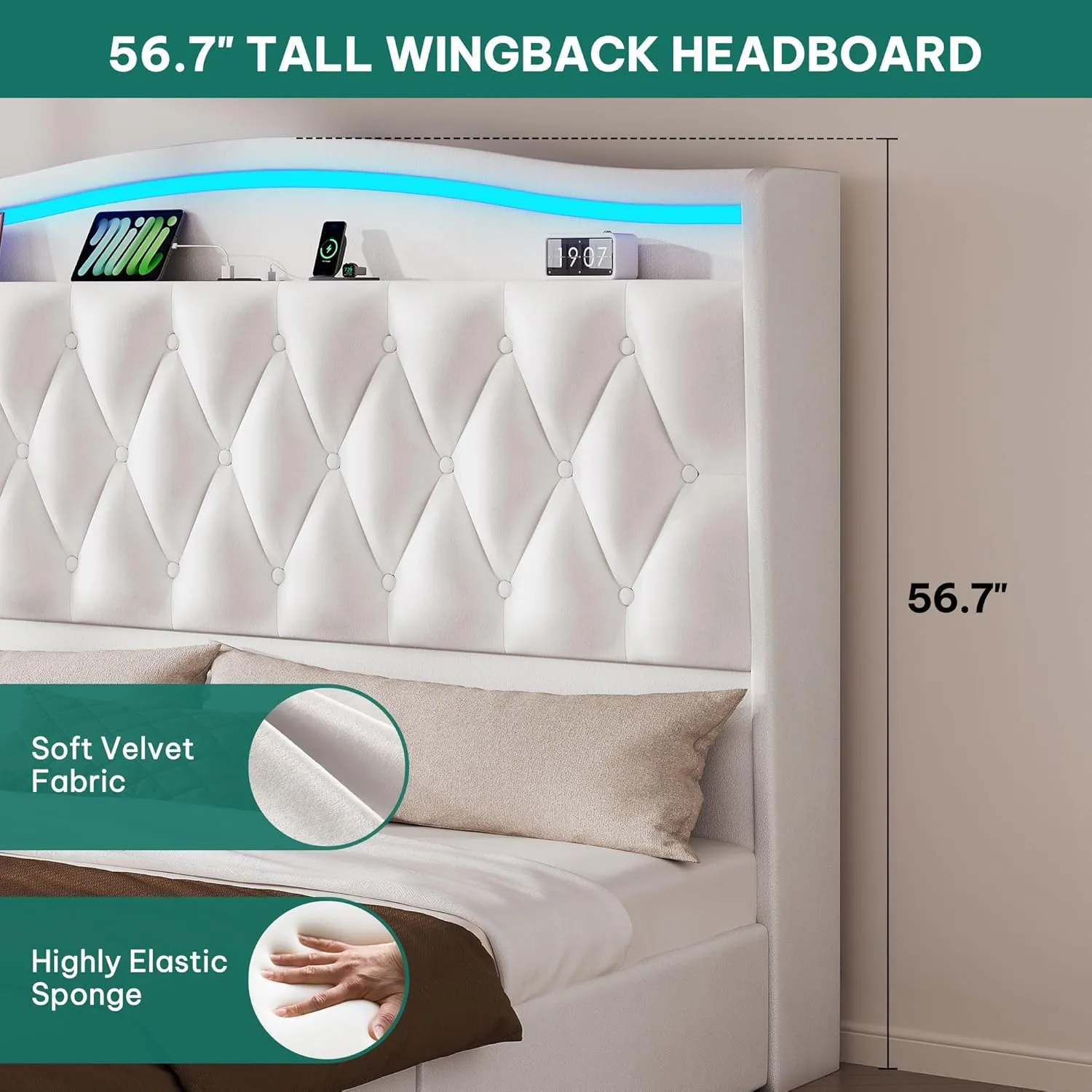 YITAHOME King Size Bed Frame with 4 Storage Drawers and RGB LED Lights, 57'' Tall Headboard Velvet Upholstered Bed with Charging Station, No Box Spring Needed, Easy Assembly, Noise-Free, White