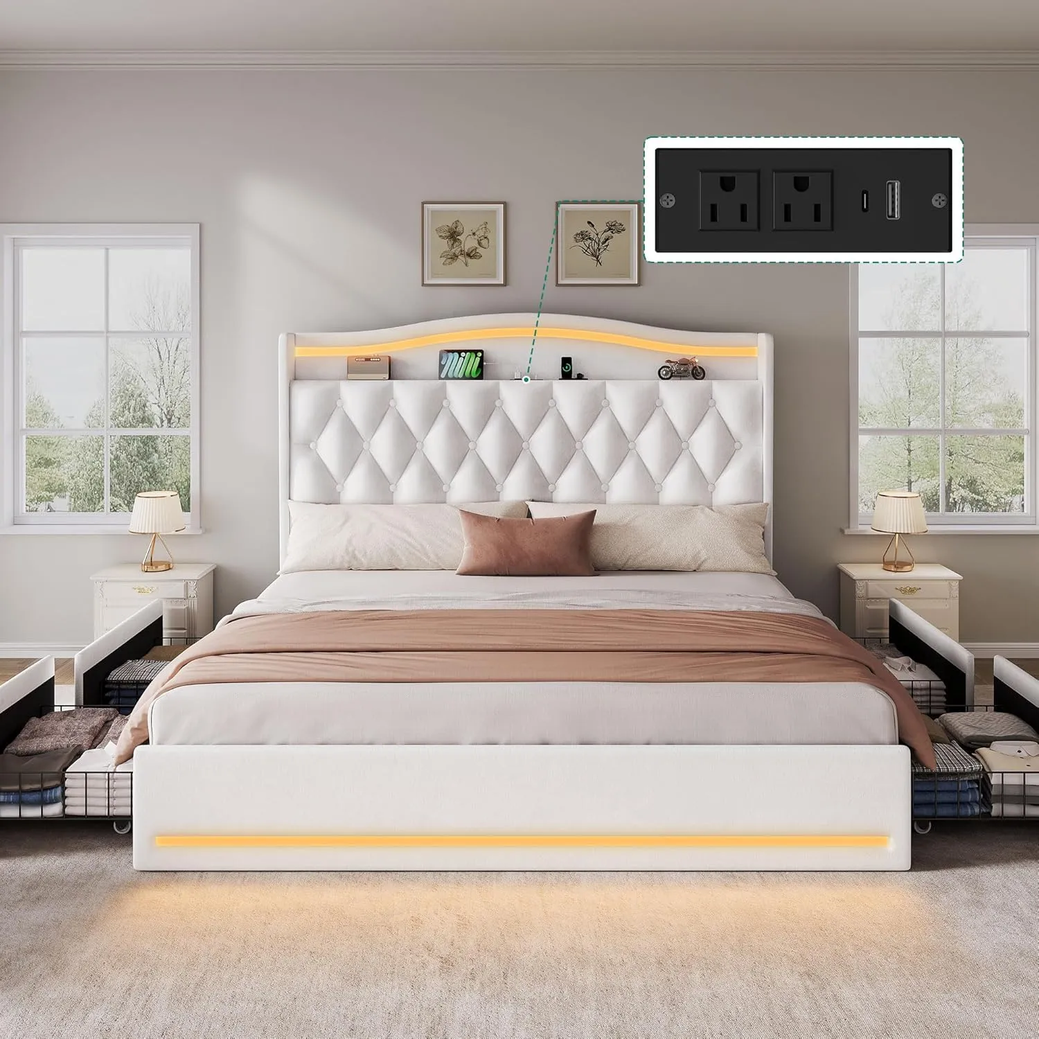 YITAHOME King Size Bed Frame with 4 Storage Drawers and RGB LED Lights, 57'' Tall Headboard Velvet Upholstered Bed with Charging Station, No Box Spring Needed, Easy Assembly, Noise-Free, White