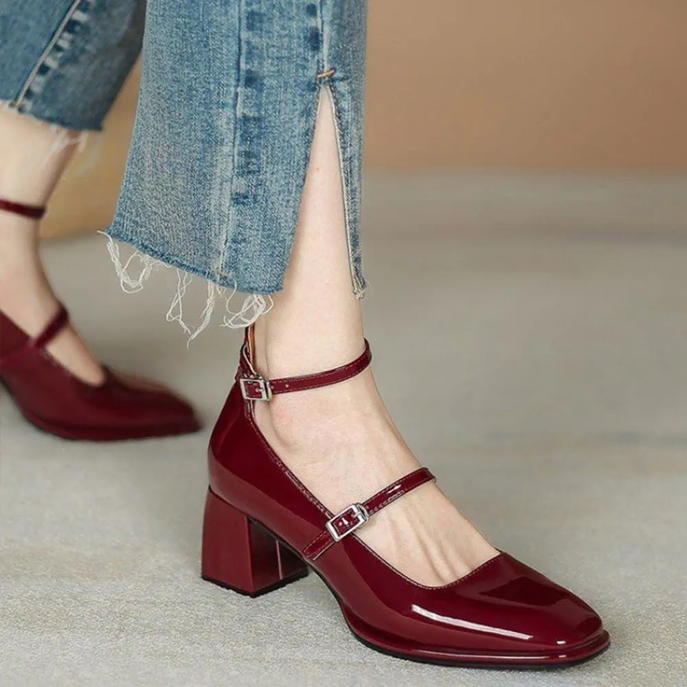 YIYA Women's Mary Jane Heels Square Toe Chunky Block Heel Ankle Buckle Strap Patent Leather Work Dress Pumps Shoes