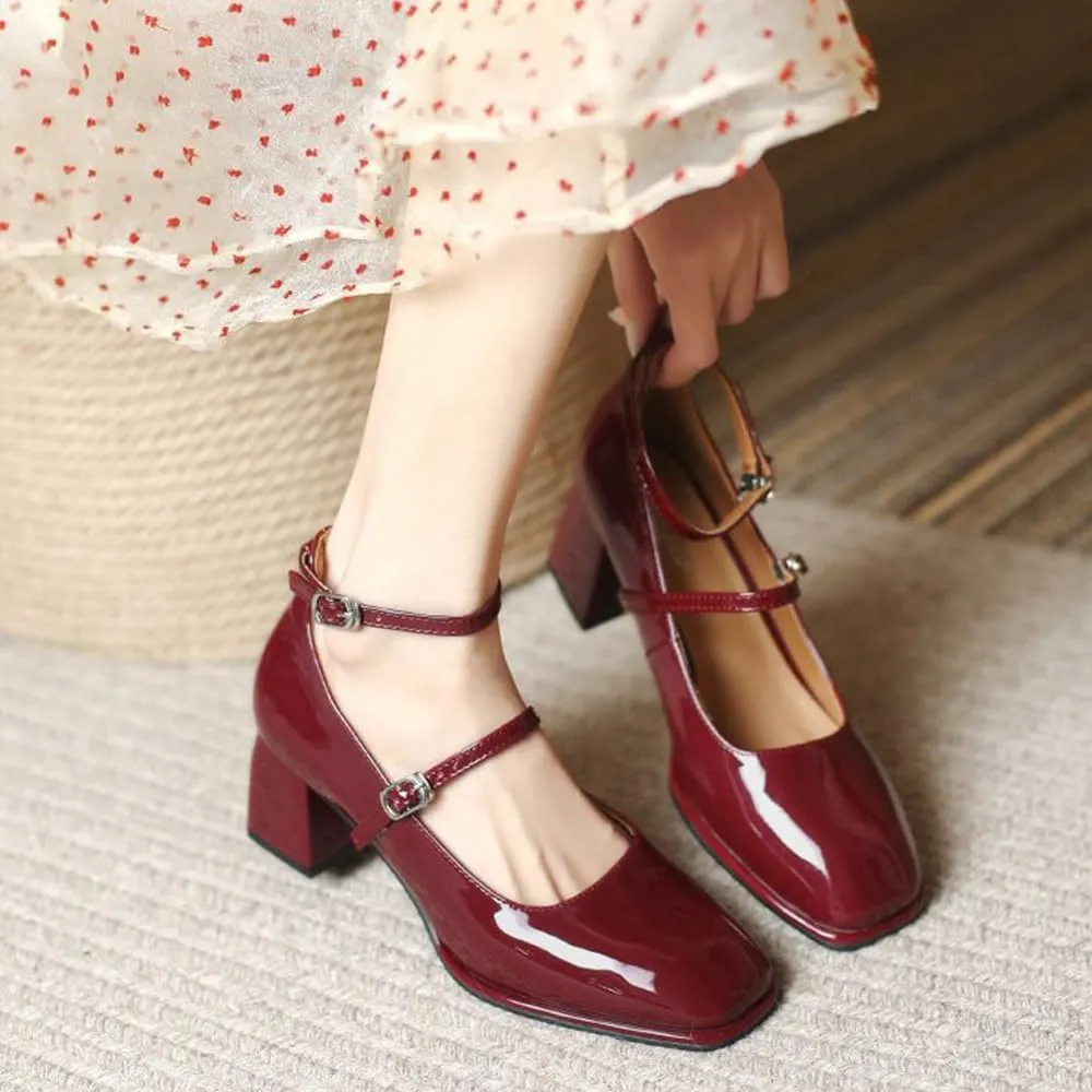 YIYA Women's Mary Jane Heels Square Toe Chunky Block Heel Ankle Buckle Strap Patent Leather Work Dress Pumps Shoes