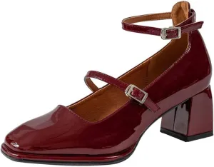 YIYA Women's Mary Jane Heels Square Toe Chunky Block Heel Ankle Buckle Strap Patent Leather Work Dress Pumps Shoes