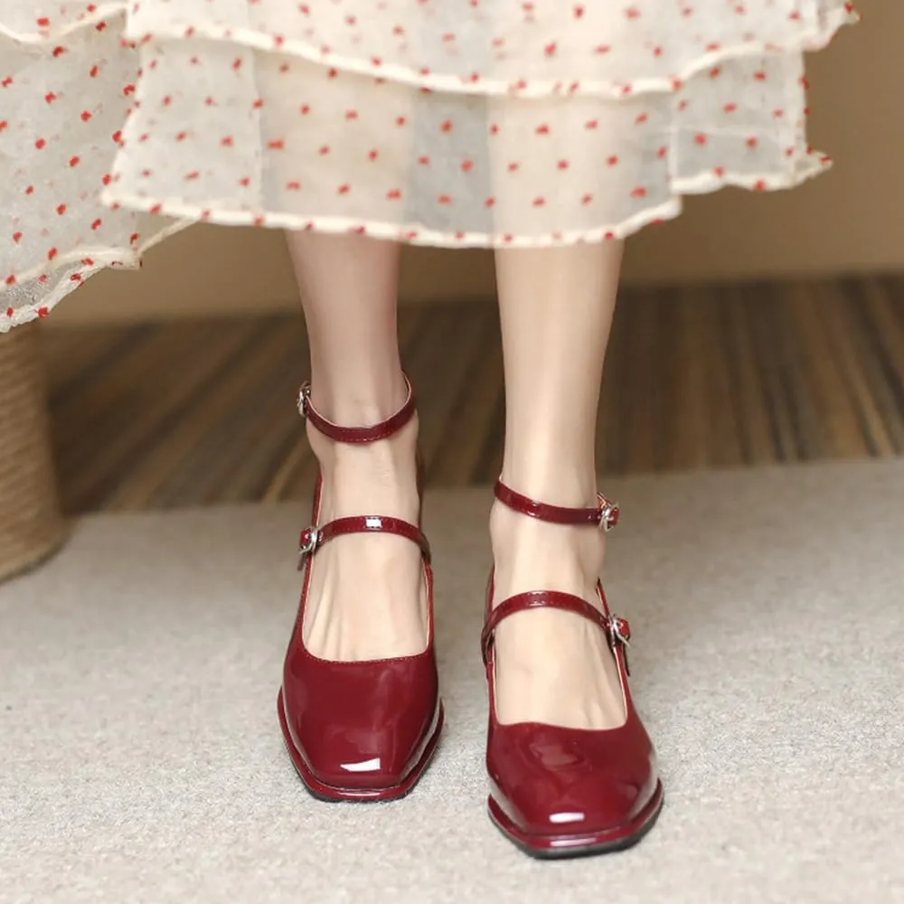 YIYA Women's Mary Jane Heels Square Toe Chunky Block Heel Ankle Buckle Strap Patent Leather Work Dress Pumps Shoes