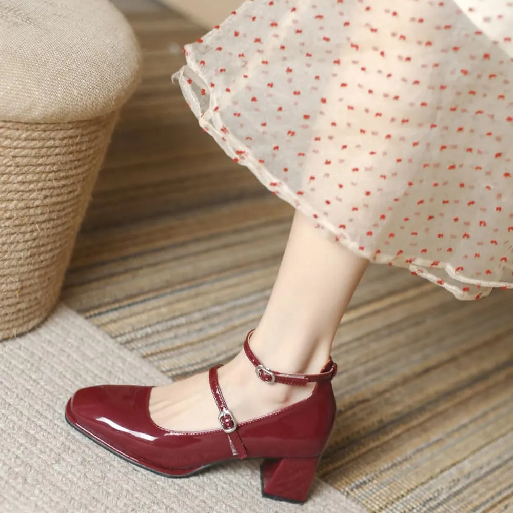 YIYA Women's Mary Jane Heels Square Toe Chunky Block Heel Ankle Buckle Strap Patent Leather Work Dress Pumps Shoes