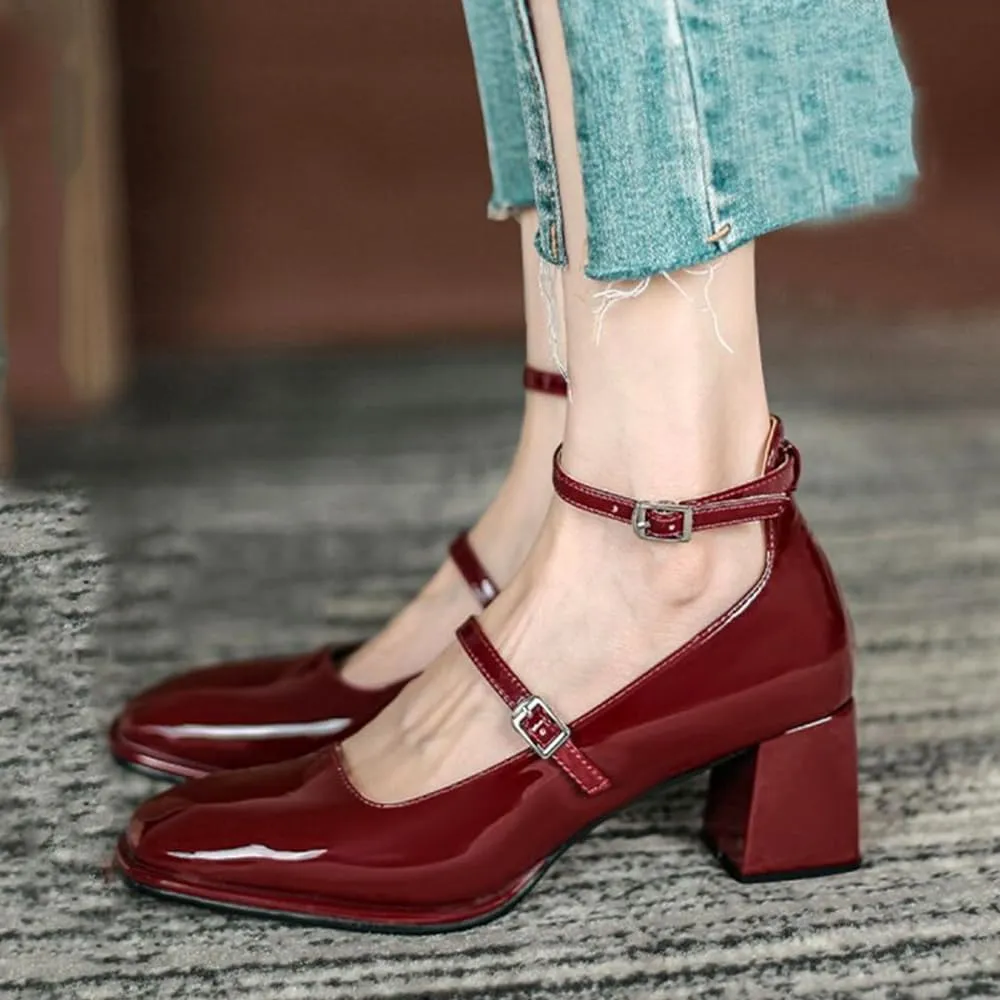 YIYA Women's Mary Jane Heels Square Toe Chunky Block Heel Ankle Buckle Strap Patent Leather Work Dress Pumps Shoes