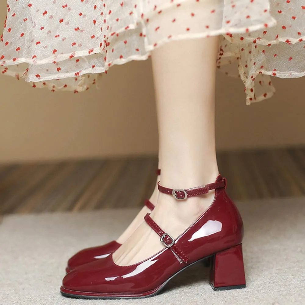 YIYA Women's Mary Jane Heels Square Toe Chunky Block Heel Ankle Buckle Strap Patent Leather Work Dress Pumps Shoes