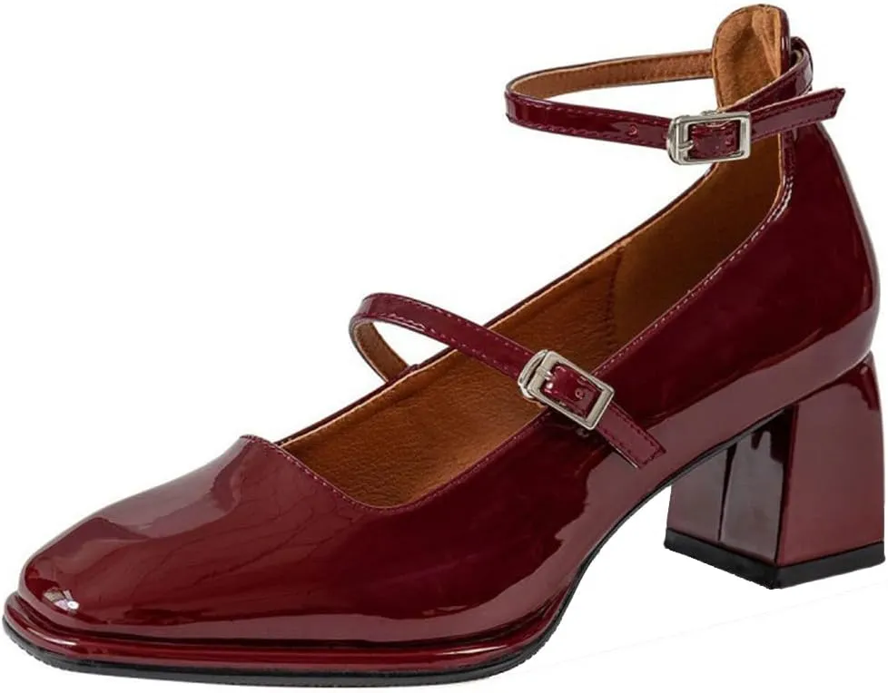 YIYA Women's Mary Jane Heels Square Toe Chunky Block Heel Ankle Buckle Strap Patent Leather Work Dress Pumps Shoes