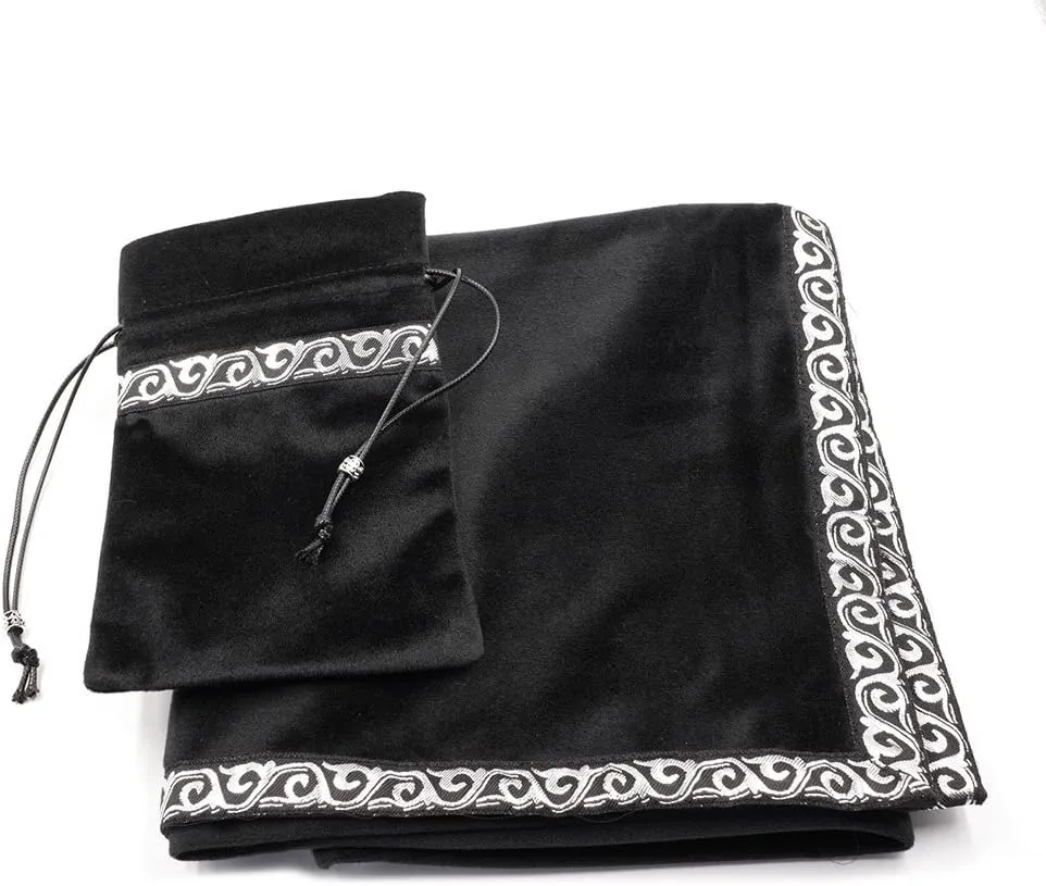 YM YOUMU Velvet Altar Cloth with Tarot Card Bag Gothic Embroidered Tarot Tablecloth Tapestry for Divination Wicca Astrology (Black)