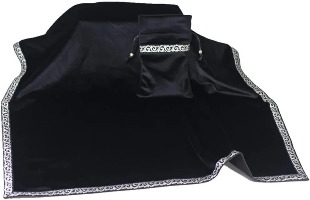 YM YOUMU Velvet Altar Cloth with Tarot Card Bag Gothic Embroidered Tarot Tablecloth Tapestry for Divination Wicca Astrology (Black)