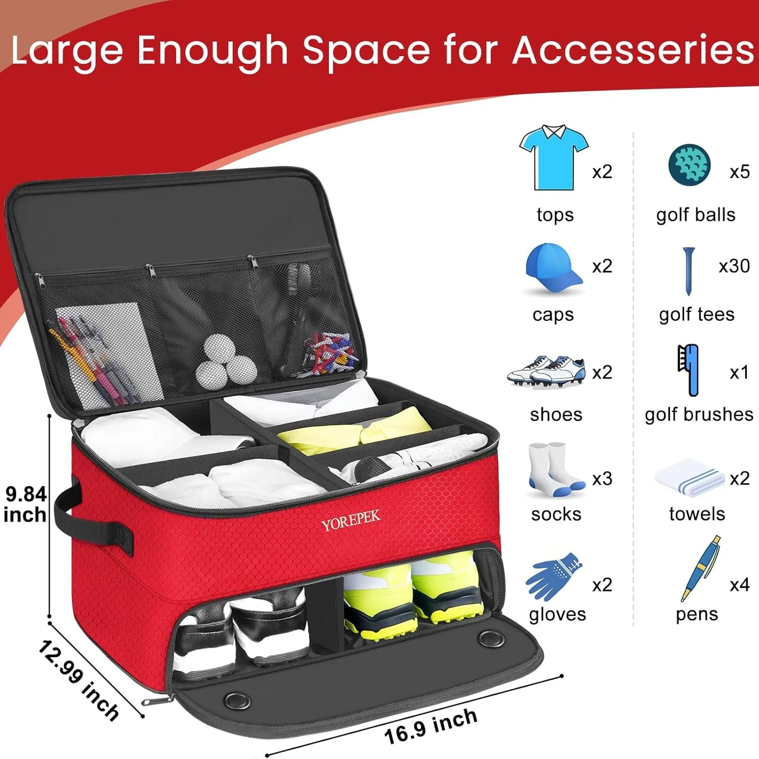 YOREPEK 2 Layer Golf Trunk Organizer, Golf Gifts for Men with Separate Ventilated Compartment for 2 Pair Shoes, Waterproof Car Trunk Locker for Balls, Tees, Clothes, Gloves, Accessories, Golfer Gifts