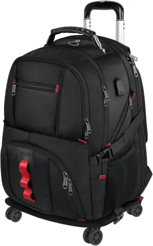 YOREPEK Rolling Backpack with Wheels, Backpack on Wheels for Adults with USB Charging Port, 17 inch Wheeled Roller Laptop Backpack for Travel Business College, Gifts for Men Women, Black