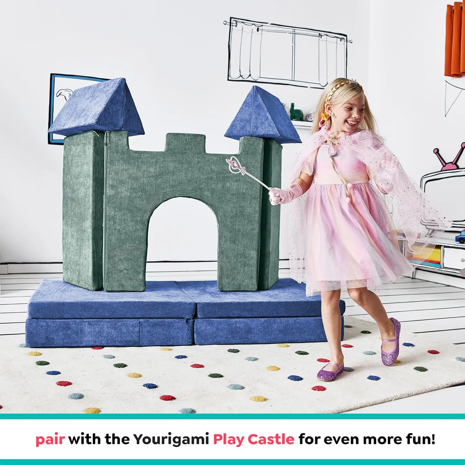 Yourigami Kids and Toddler Play Couch, Convertible Folding Sofa, Durable Foam Modular Design, Sapphire Caves XL