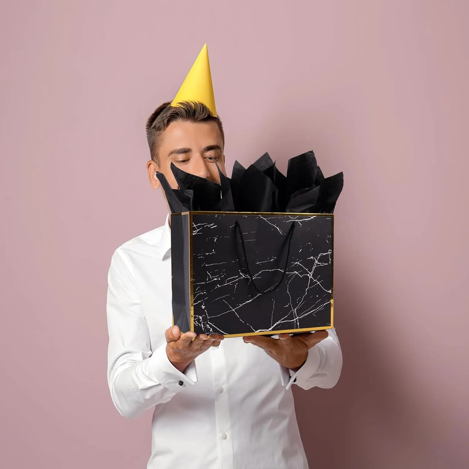 ysmile Marble Black Gift Bag with Wrapping Tissue for Men Birthday Large Present Paper Bag 16" 12" and 8" - Pack of 3