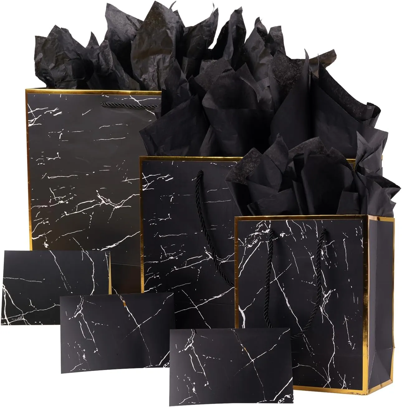 ysmile Marble Black Gift Bag with Wrapping Tissue for Men Birthday Large Present Paper Bag 16" 12" and 8" - Pack of 3