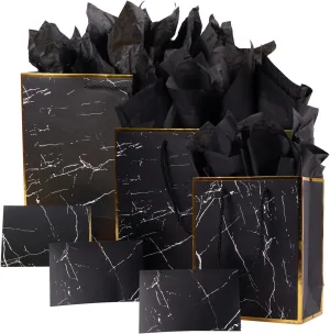ysmile Marble Black Gift Bag with Wrapping Tissue for Men Birthday Large Present Paper Bag 16" 12" and 8" - Pack of 3