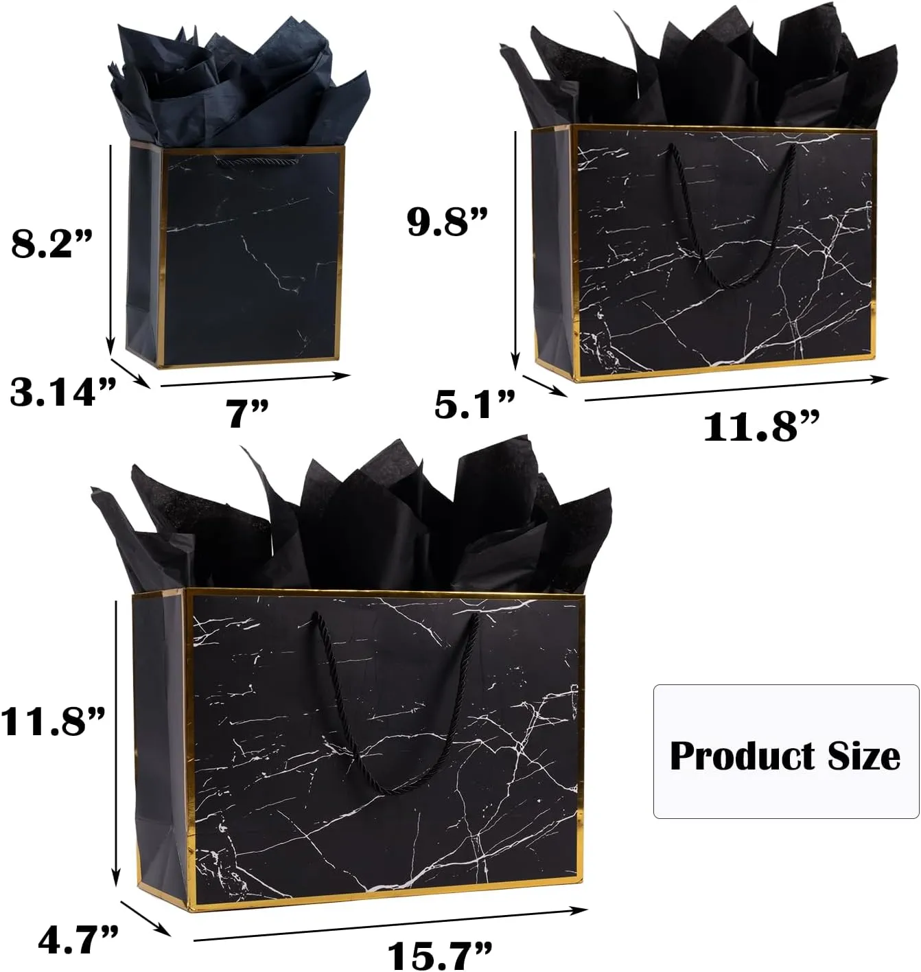 ysmile Marble Black Gift Bag with Wrapping Tissue for Men Birthday Large Present Paper Bag 16" 12" and 8" - Pack of 3
