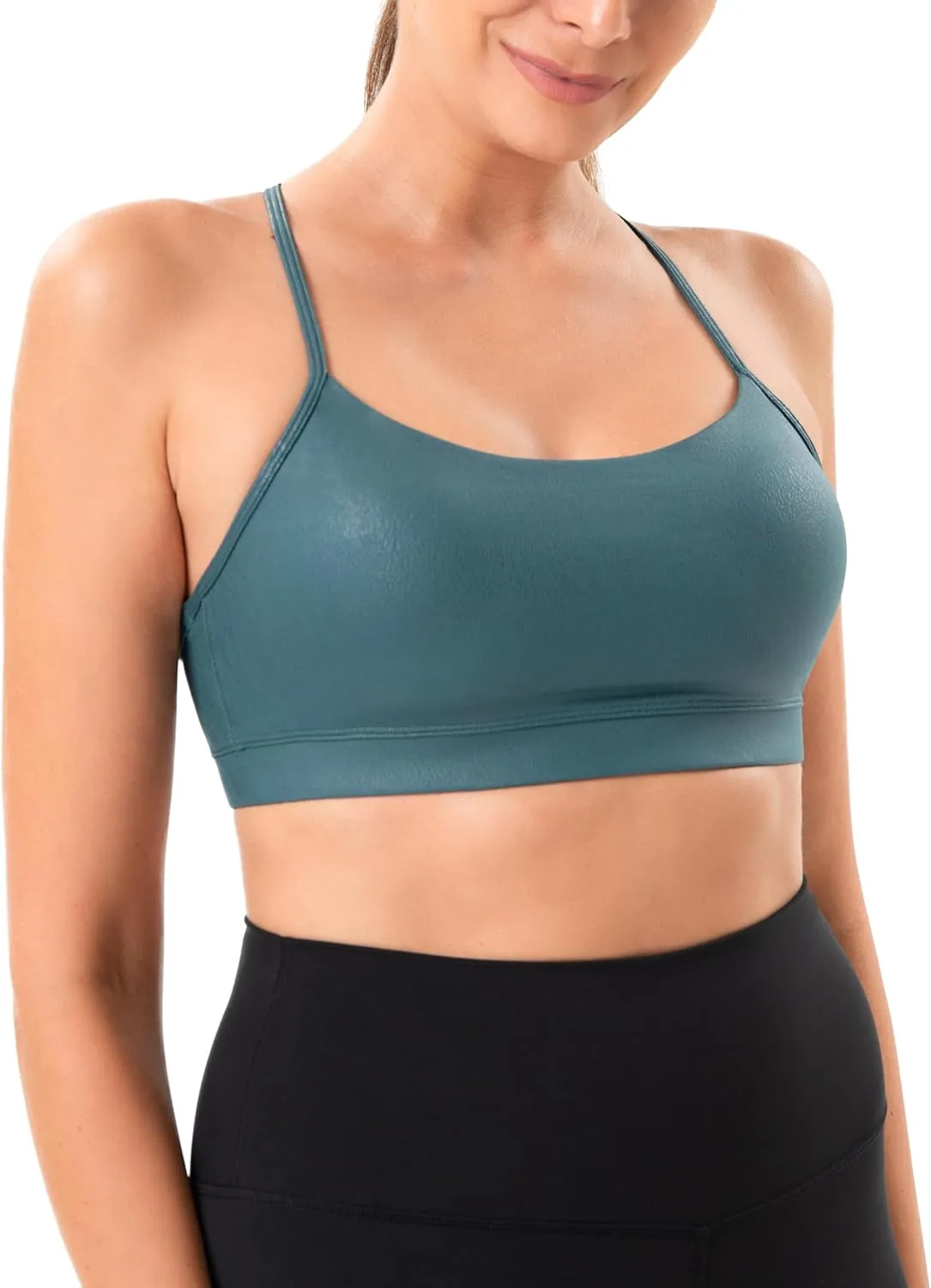 YUNOGA Women's Y Back Matte Faux Leather Sports Bras Padded Racerback Spaghetti Thin Strap Support Workout Yoga Bra