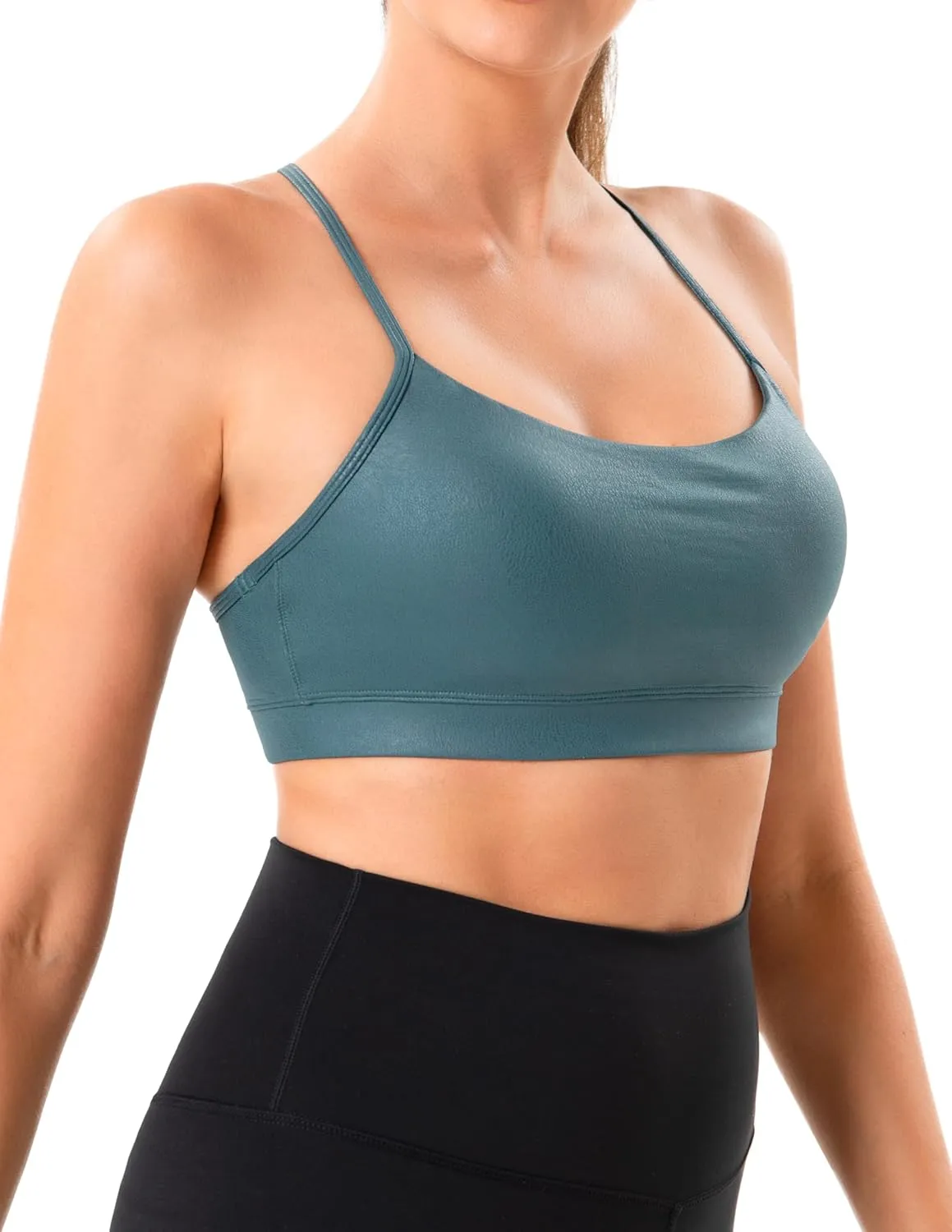 YUNOGA Women's Y Back Matte Faux Leather Sports Bras Padded Racerback Spaghetti Thin Strap Support Workout Yoga Bra