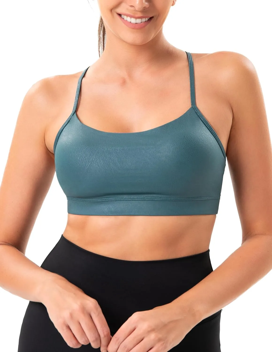 YUNOGA Women's Y Back Matte Faux Leather Sports Bras Padded Racerback Spaghetti Thin Strap Support Workout Yoga Bra