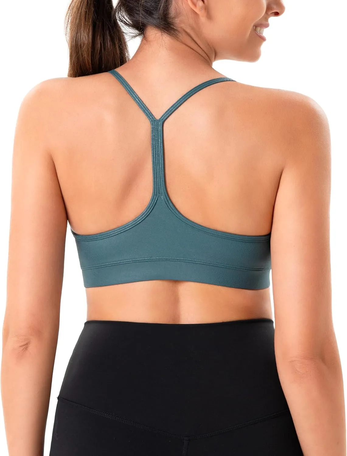 YUNOGA Women's Y Back Matte Faux Leather Sports Bras Padded Racerback Spaghetti Thin Strap Support Workout Yoga Bra