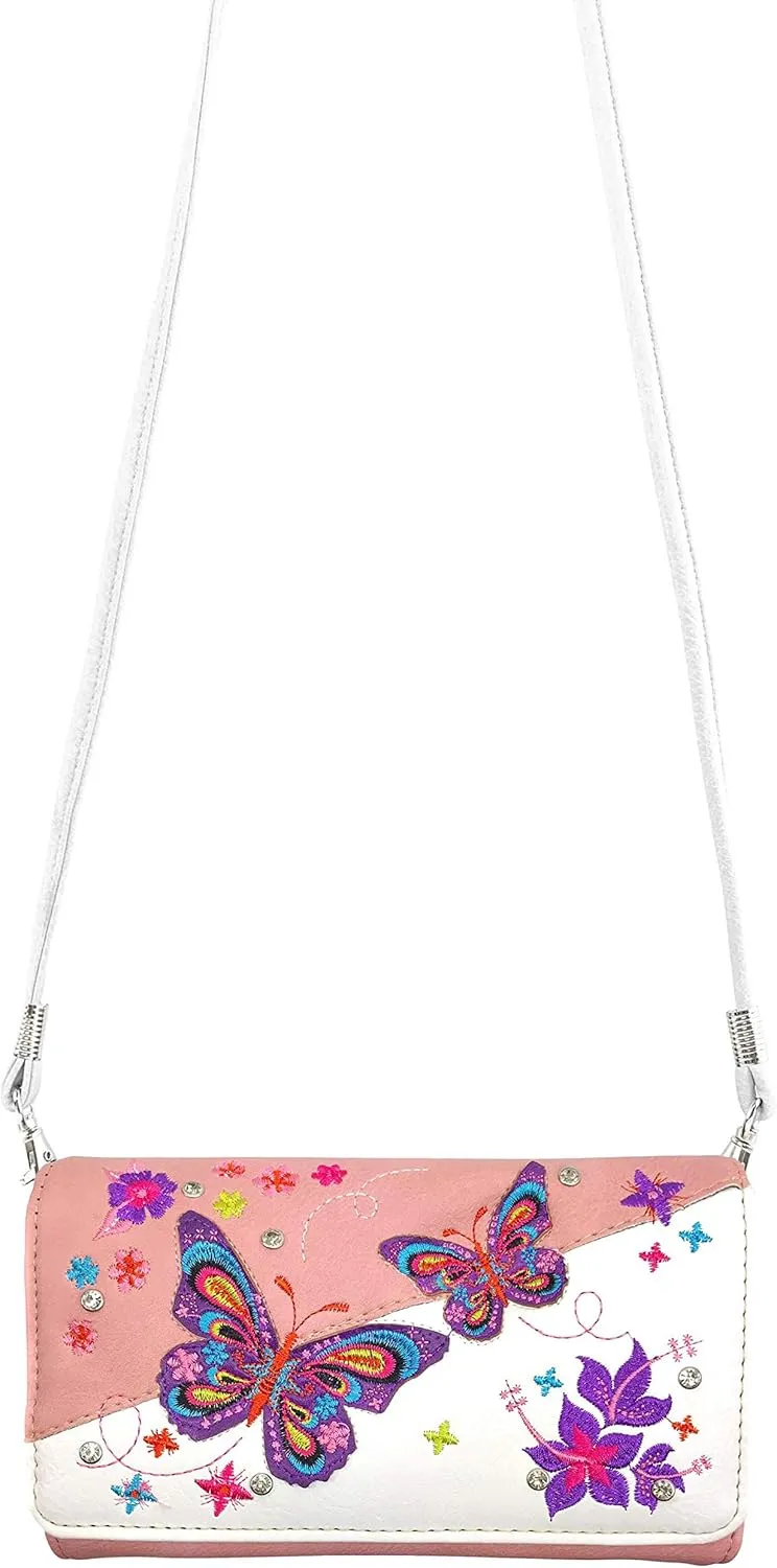 Zelris Butterfly Flower Season Embroidery Women Crossbody Wrist Trifold Wallet