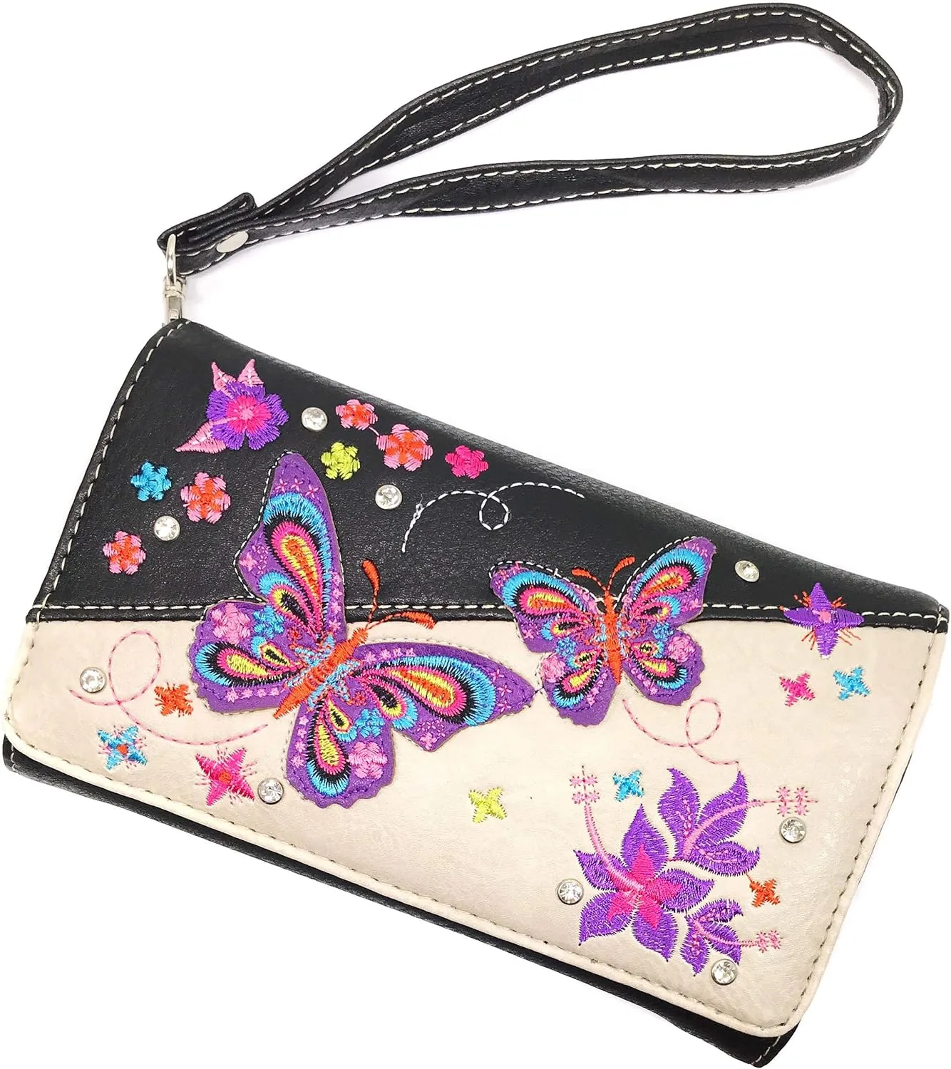 Zelris Butterfly Flower Season Embroidery Women Crossbody Wrist Trifold Wallet