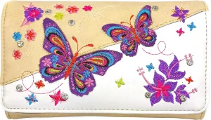 Zelris Butterfly Flower Season Embroidery Women Crossbody Wrist Trifold Wallet