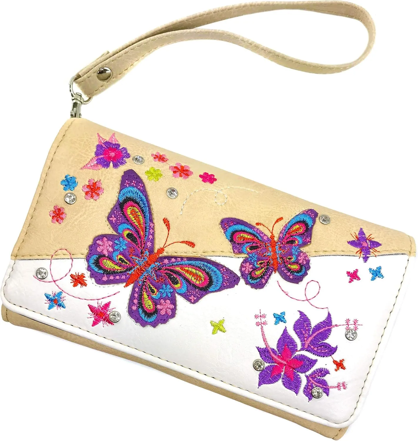 Zelris Butterfly Flower Season Embroidery Women Crossbody Wrist Trifold Wallet