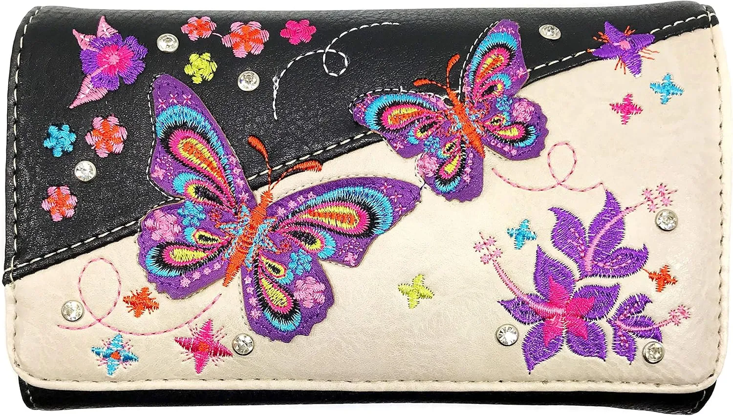 Zelris Butterfly Flower Season Embroidery Women Crossbody Wrist Trifold Wallet