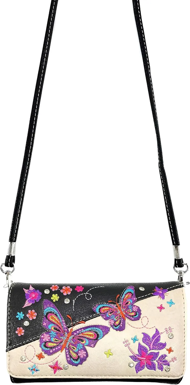 Zelris Butterfly Flower Season Embroidery Women Crossbody Wrist Trifold Wallet