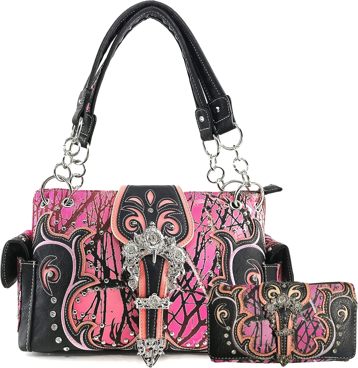 Zelris Camo Shine Glow Rose Buckle Women Conceal Carry Handbag with Wallet Set