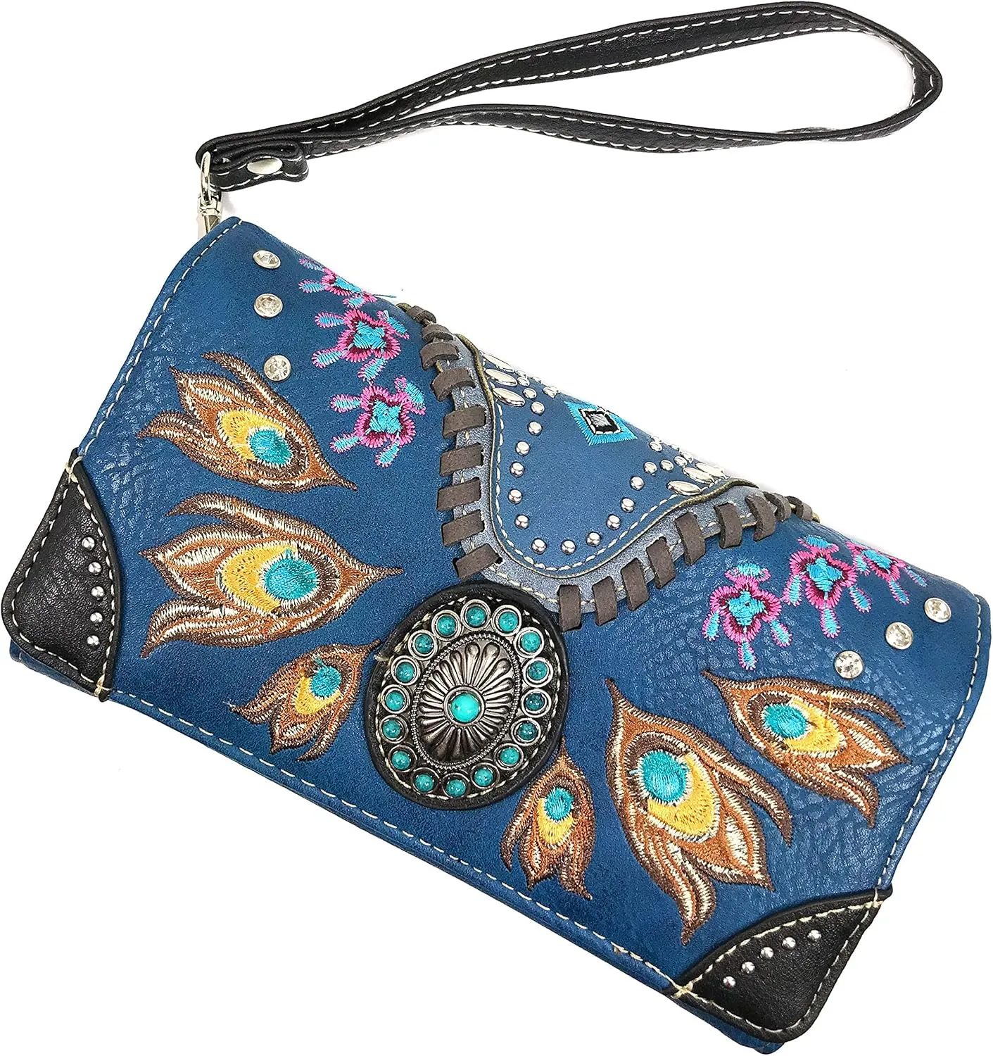 Zelris Turquoise Concho Peacock Feather Women Crossbody Wrist Trifold Wallet